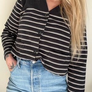 Vintage Liz Claiborne Black and White Striped Button-Up Cardigan Sweater